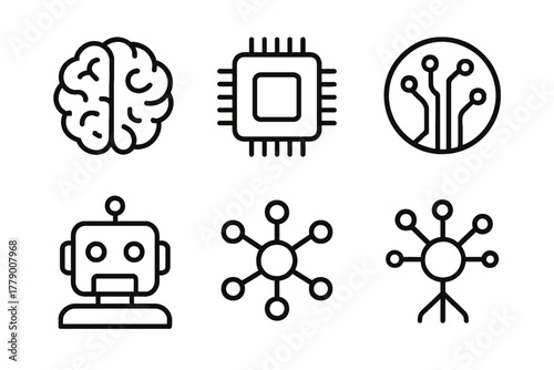Artificial intelligence and technology icons: brain, microchip, circuit, robot, network, nodes