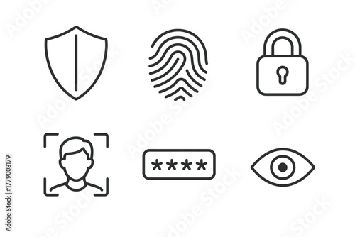 Security icons set: shield, fingerprint, padlock, face recognition, password, eye