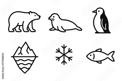 Polar animals and arctic symbols: bear, seal, penguin, iceberg, snowflake, fish icons
