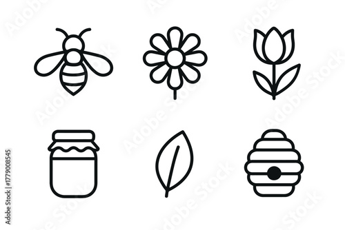 Minimalist icons: bee, flower, tulip, jam jar, leaf, beehive