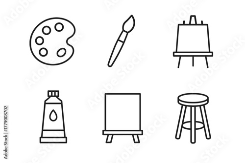 Minimalist art icon set featuring palette, brush, easel, paint tube, canvas, and stool