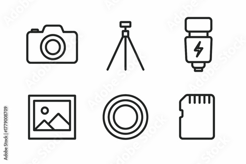 Photography icon set: camera, tripod, flash, picture, lens, memory card symbols