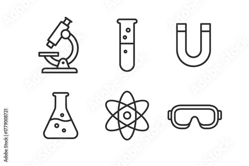 Science icons: microscope, test tube, magnet, flask, atom, goggles
