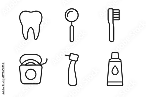 Dental care essentials: tooth, mirror, brush, floss, water jet, toothpaste icons
