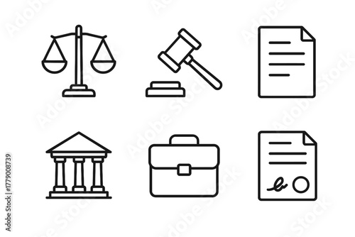 Legal icon set: scales, gavel, documents, courthouse, briefcase