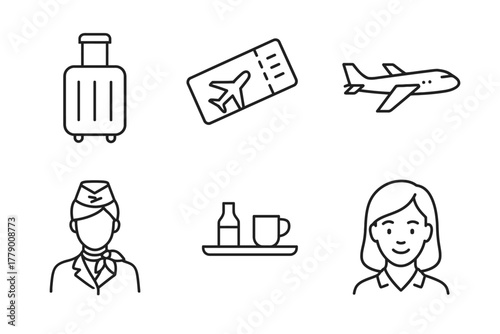 Travel icons: luggage, ticket, airplane, flight attendant, beverage, passenger