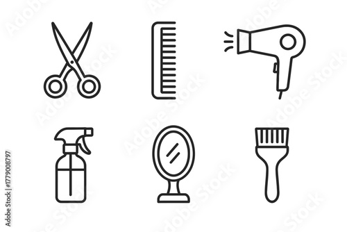 Hair styling tools icon set: scissors, comb, hairdryer, spray bottle, mirror, brush