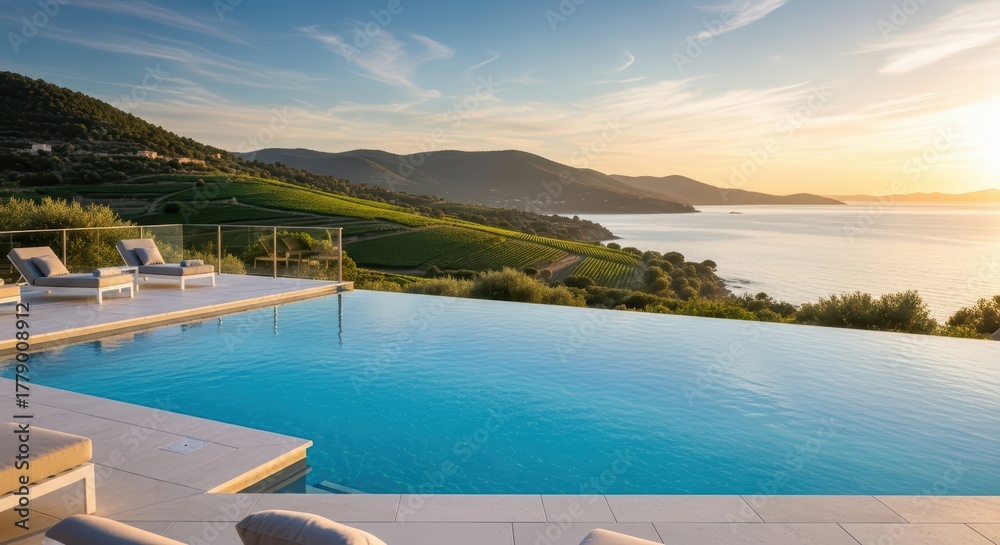 Fototapeta premium Infinity pool overlooking lush vineyard and ocean sunset in serene landscape