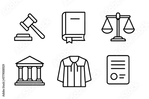 Law and justice icons: gavel, book, scales, courthouse, robe, document