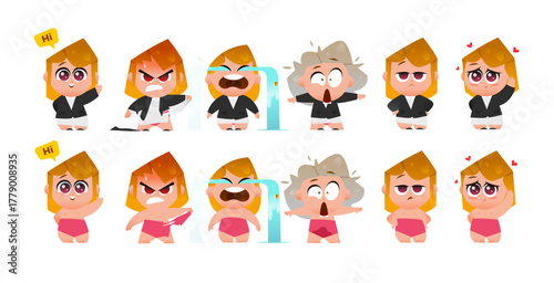 Cute Cartoon Businesswoman Character with Six Emotions Including Joy, Anger, Shock, Sadness, Love, and Calmness. Stylish Female in Full Body Poses for Animation, Web, and Illustration Projects.