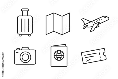 Travel essentials icons: luggage, map, airplane, camera, passport, ticket