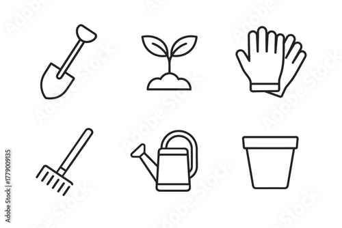 Gardening tools: shovel, plant, gloves, rake, watering can, pot icons