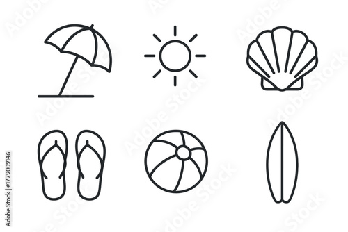 Minimalist beach icons: umbrella, sun, shell, flip-flops, ball, surfboard