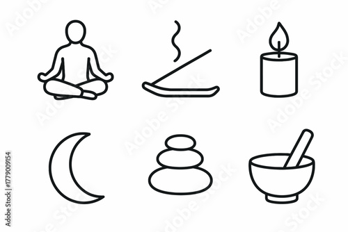 Simple line icons of meditation and relaxation elements including candle and moon