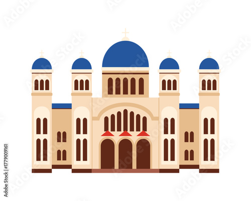 Flat design of a traditional Greek Orthodox church with blue domes on a white isolated background vector illustration