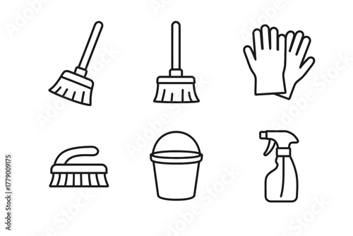 Cleaning tools: broom, gloves, brush, bucket, spray bottle icons