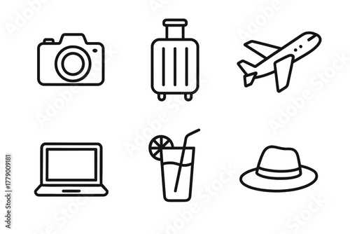 Travel essentials icons: camera, luggage, plane, laptop, drink, hat