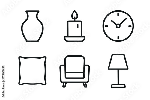 Minimalist home living icons: vase, candle, clock, pillow, armchair, lamp