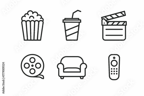 Cinema icons: popcorn, drink, clapperboard, film reel, couch, remote