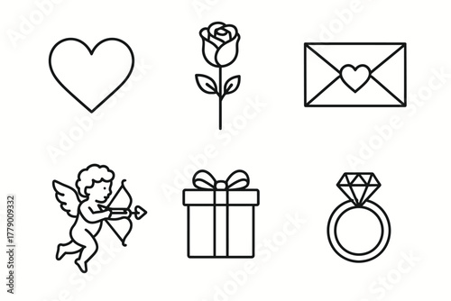 Valentine's day icons: heart, rose, love letter, cupid, gift, diamond ring