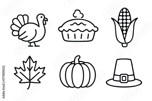 Thanksgiving symbols: turkey, pie, corn, maple leaf, pumpkin, pilgrim hat