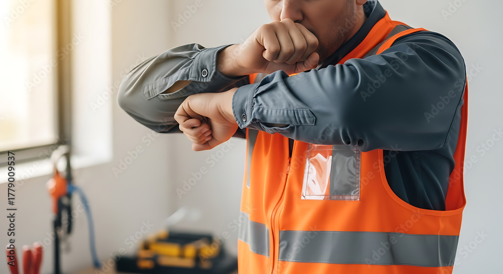 Fototapeta premium Worker in safety vest coughing into elbow, demonstrating proper workplace hygiene and illness prevention