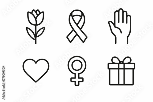 Minimalist icon set featuring flower, ribbon, hand, heart, female symbol, and gift box
