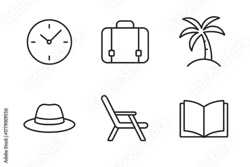 Icons of vacation essentials: clock, luggage, palm, hat, chair, book