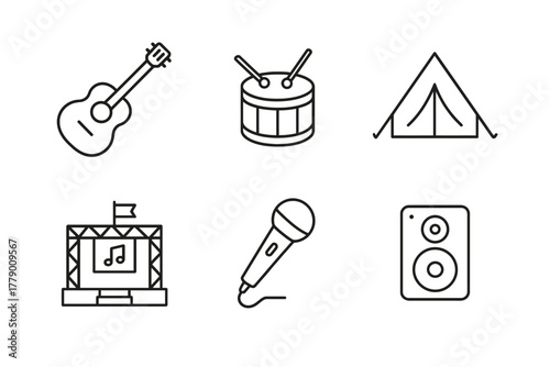 Music festival icons: guitar, drum, tent, stage, microphone, speaker