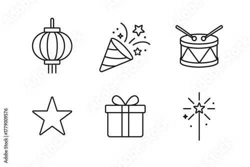 Outline icons: lantern, party hat, drum, star, gift, sparkler