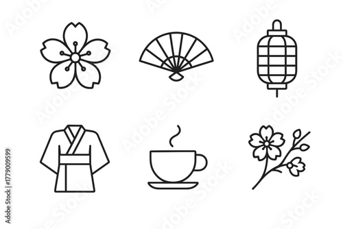 Japanese cultural icons: cherry blossoms, fan, lantern, kimono, teacup