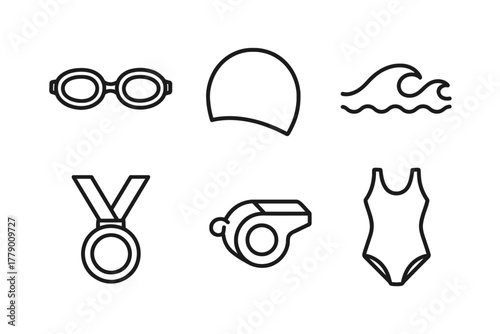 Swimming icon set: goggles, cap, wave, medal, whistle, swimsuit