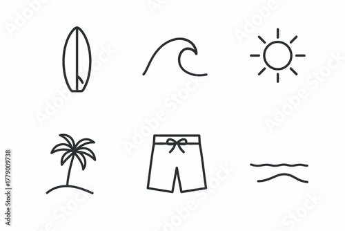 Minimalist beach icons: surfboard, wave, sun, palm, shorts, water lines
