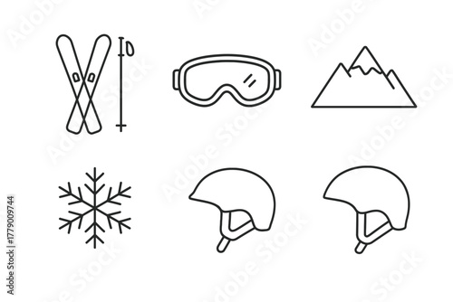 Skiing equipment: skis, goggles, helmet, snowflake, mountain icons outline