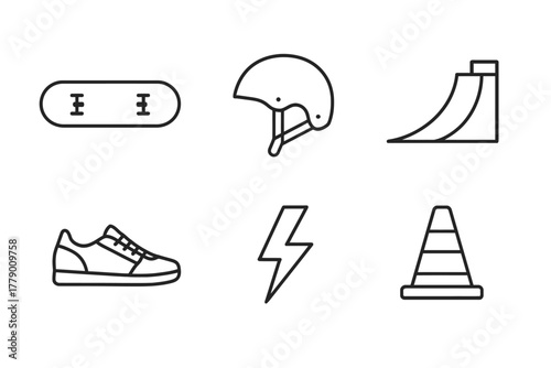 Outline icons of skateboard, helmet, skate ramp, shoe, lightning bolt, and traffic cone