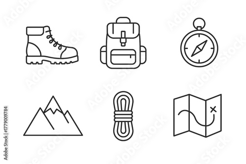 Outdoor adventure icons: hiking boot, backpack, compass, mountain, rope, map