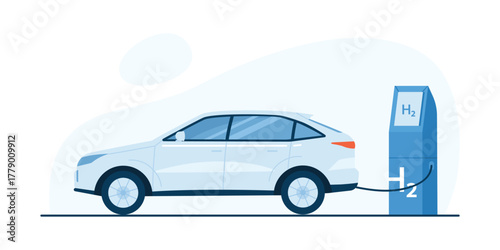 Modern hydrogen vehicle refueling at an isolated H2 station on a white background vector illustration