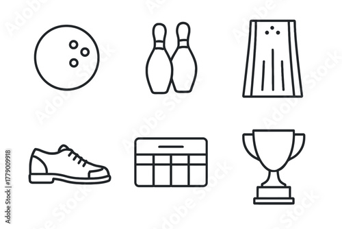 Bowling icons set: ball, pins, lane, shoe, scoreboard, trophy