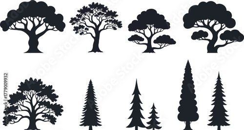 Collection of diverse tree silhouettes, including deciduous and coniferous types