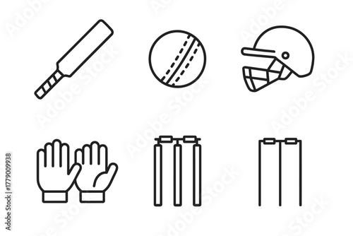 Cricket equipment icon set: bat, ball, helmet, gloves, stumps