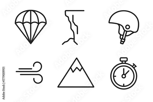 Adventure icons: parachute, cliff, helmet, wind, mountain, stopwatch