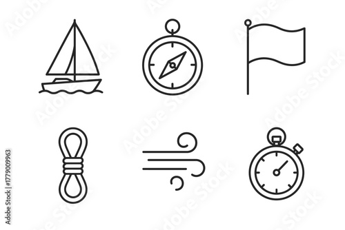 Minimalist nautical icons: sailboat, compass, flag, rope, wind, stopwatch