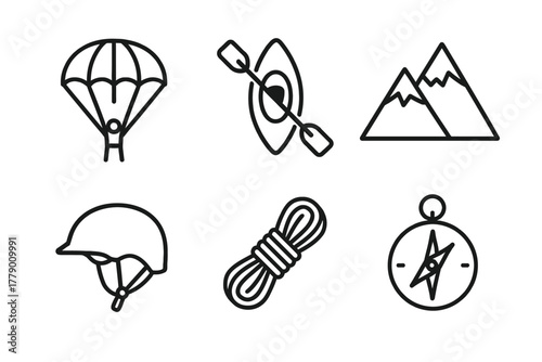 Outdoor adventure icons: parachute, kayak, mountain, helmet, rope, compass