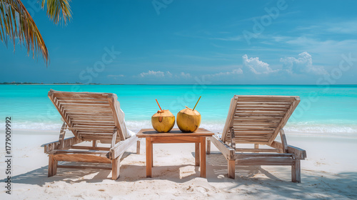 Two wooden lounge chairs face the turquoise sea under a clear blue sky, with coconuts on a small table - the perfect tropical paradise moment