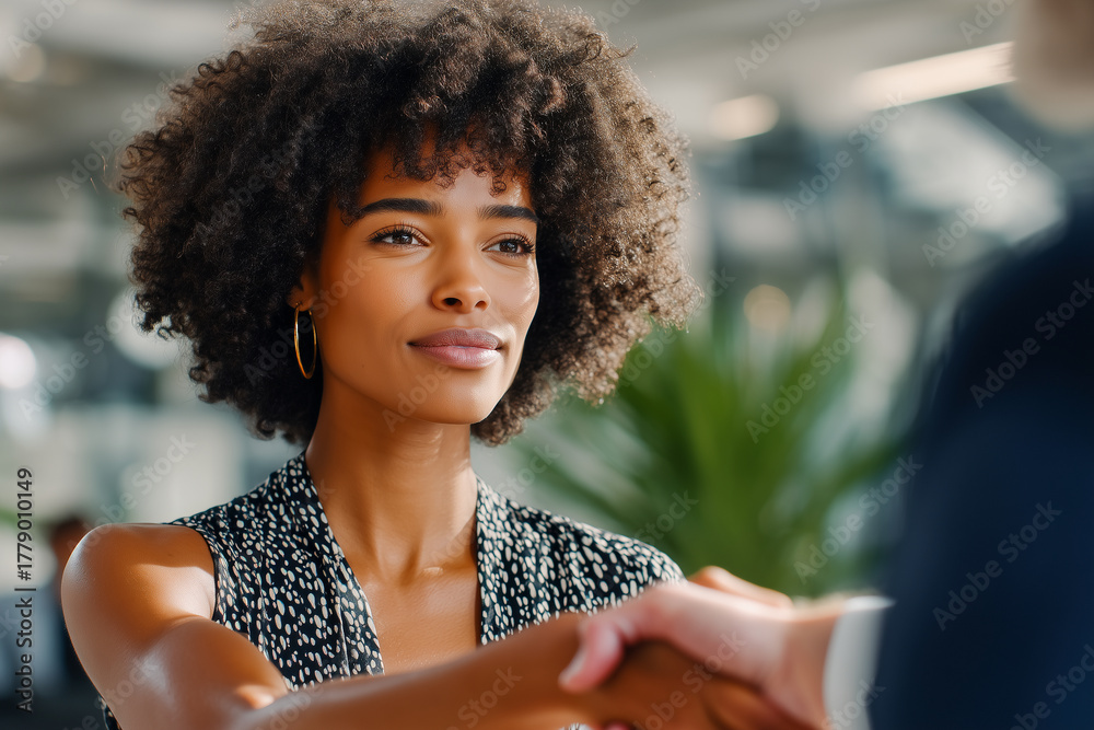 Fototapeta premium Confident woman shaking hands in a bright modern office, symbolizing trust, leadership, and professionalism in business or workplace collaboration