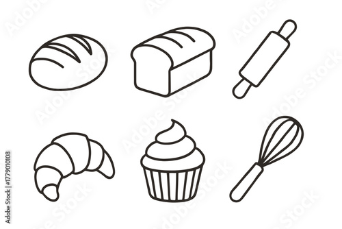 Bakery items outline: bread, rolling pin, croissant, cupcake, whisk