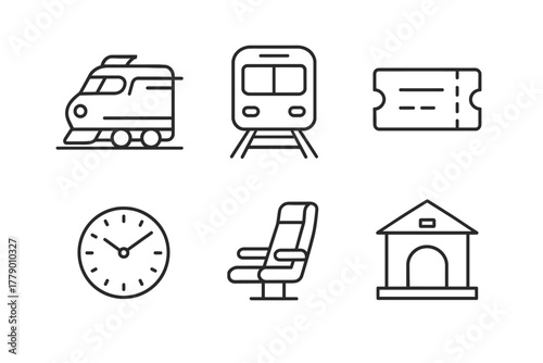 Train icons set: locomotive, ticket, and travel essentials