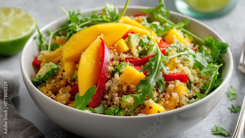 Fresh quinoa salad with mango, avocado, red pepper, and arugula, served in a white bowl - a vibrant and healthy summer dish full of color and nutrients