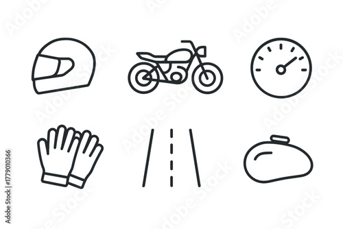 Motorcycle gear and equipment line icons: helmet, bike, speedometer, gloves, road, fuel tank