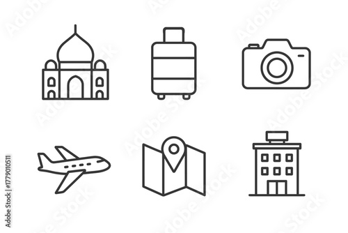 Travel icons: taj mahal, suitcase, camera, airplane, map, hotel